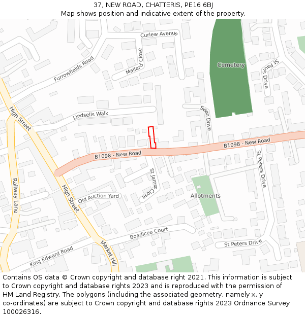37, NEW ROAD, CHATTERIS, PE16 6BJ: Location map and indicative extent of plot