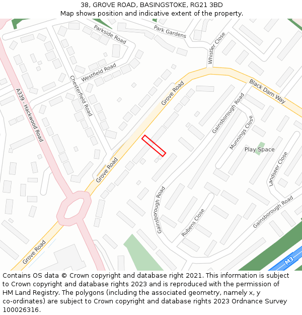38, GROVE ROAD, BASINGSTOKE, RG21 3BD: Location map and indicative extent of plot