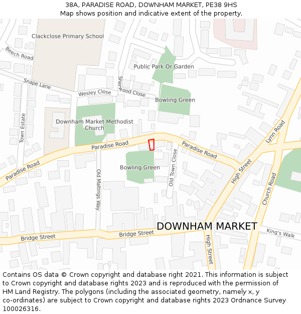 38A, PARADISE ROAD, DOWNHAM MARKET, PE38 9HS: Location map and indicative extent of plot