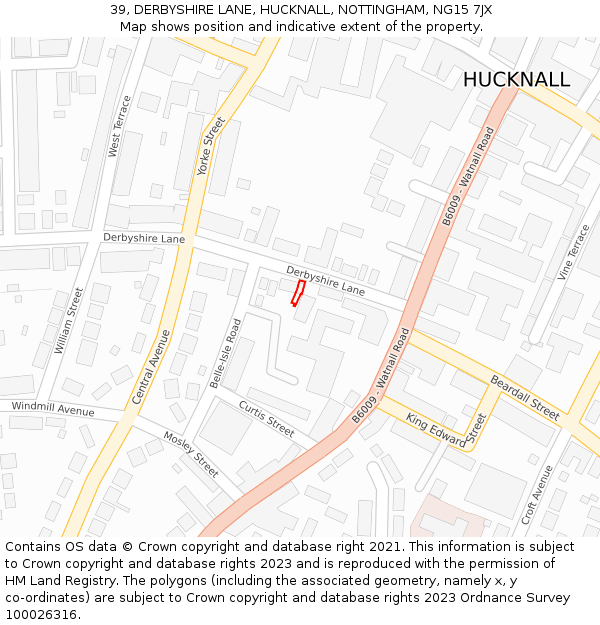 39, DERBYSHIRE LANE, HUCKNALL, NOTTINGHAM, NG15 7JX: Location map and indicative extent of plot