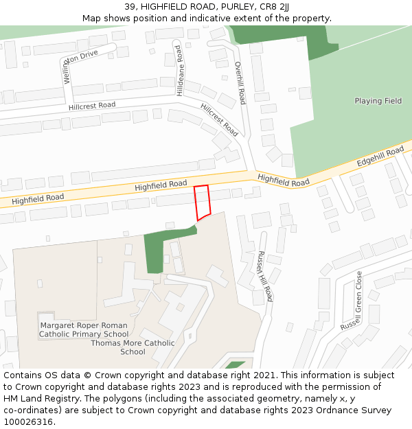 39, HIGHFIELD ROAD, PURLEY, CR8 2JJ: Location map and indicative extent of plot