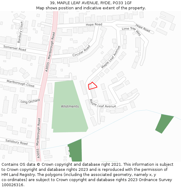 39, MAPLE LEAF AVENUE, RYDE, PO33 1GF: Location map and indicative extent of plot