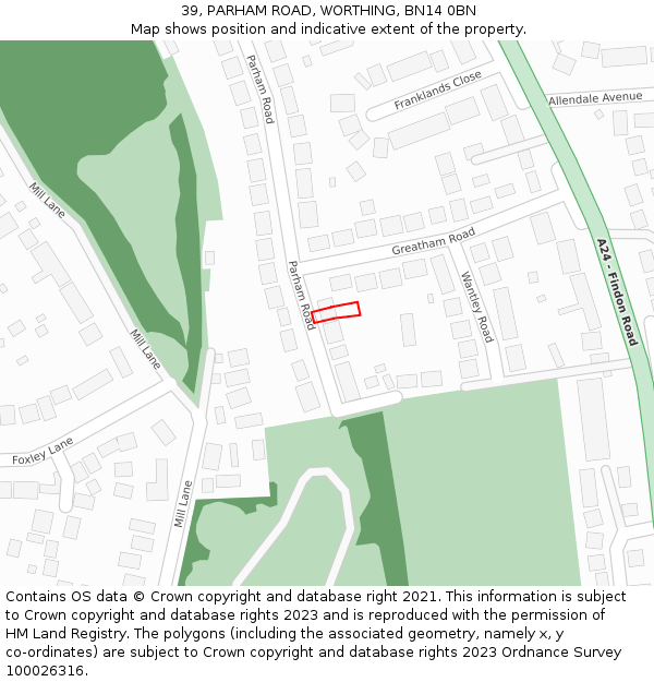 39, PARHAM ROAD, WORTHING, BN14 0BN: Location map and indicative extent of plot