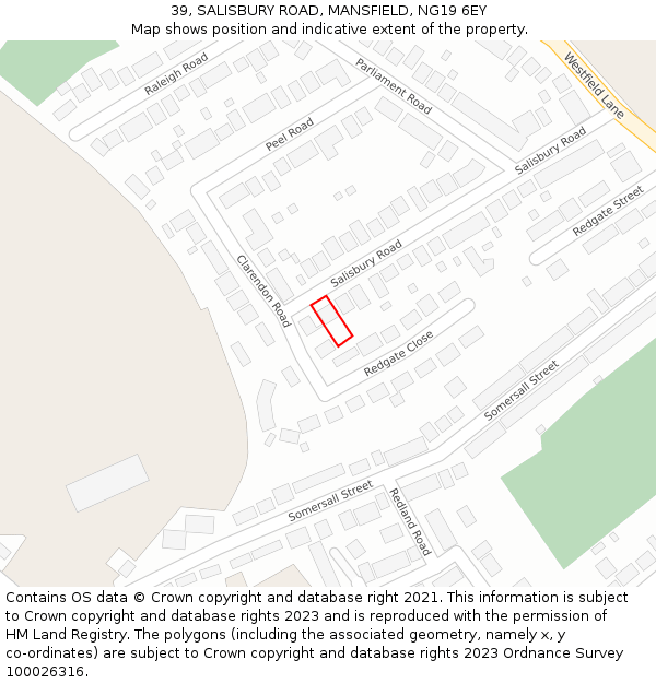 39, SALISBURY ROAD, MANSFIELD, NG19 6EY: Location map and indicative extent of plot