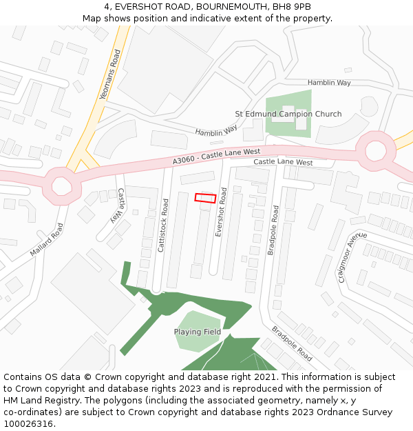 4, EVERSHOT ROAD, BOURNEMOUTH, BH8 9PB: Location map and indicative extent of plot