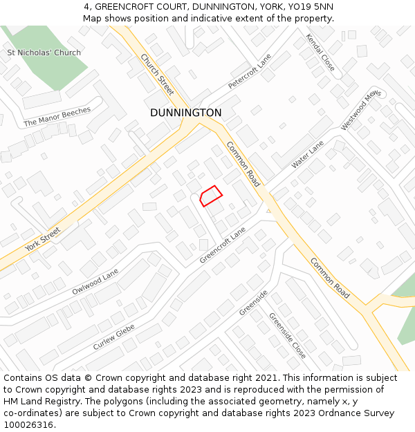 4, GREENCROFT COURT, DUNNINGTON, YORK, YO19 5NN: Location map and indicative extent of plot