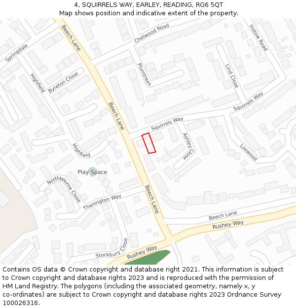4, SQUIRRELS WAY, EARLEY, READING, RG6 5QT: Location map and indicative extent of plot