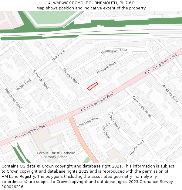 4, WARWICK ROAD, BOURNEMOUTH, BH7 6JP: Location map and indicative extent of plot