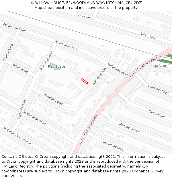 4, WILLOW HOUSE, 51, WOODLAND WAY, MITCHAM, CR4 2DZ: Location map and indicative extent of plot