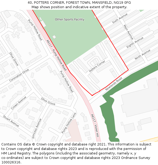 40, POTTERS CORNER, FOREST TOWN, MANSFIELD, NG19 0FG: Location map and indicative extent of plot