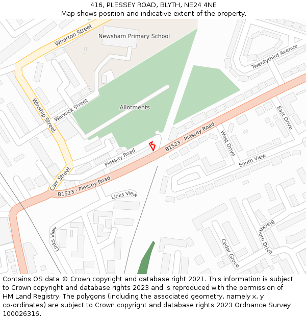 416, PLESSEY ROAD, BLYTH, NE24 4NE: Location map and indicative extent of plot