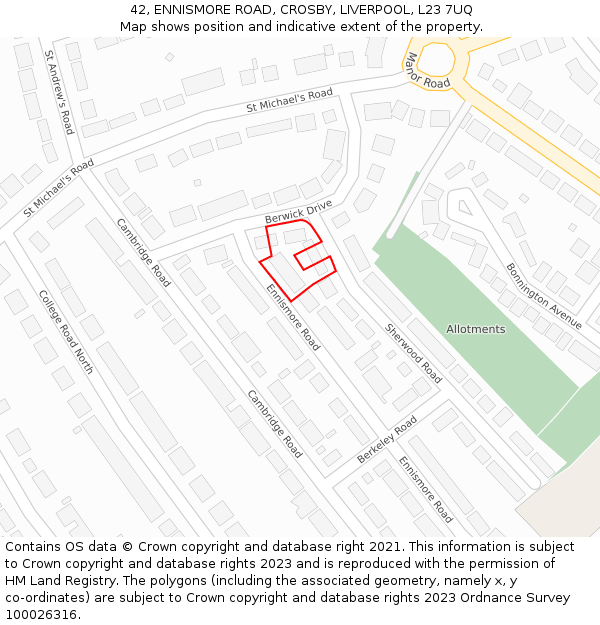 42, ENNISMORE ROAD, CROSBY, LIVERPOOL, L23 7UQ: Location map and indicative extent of plot