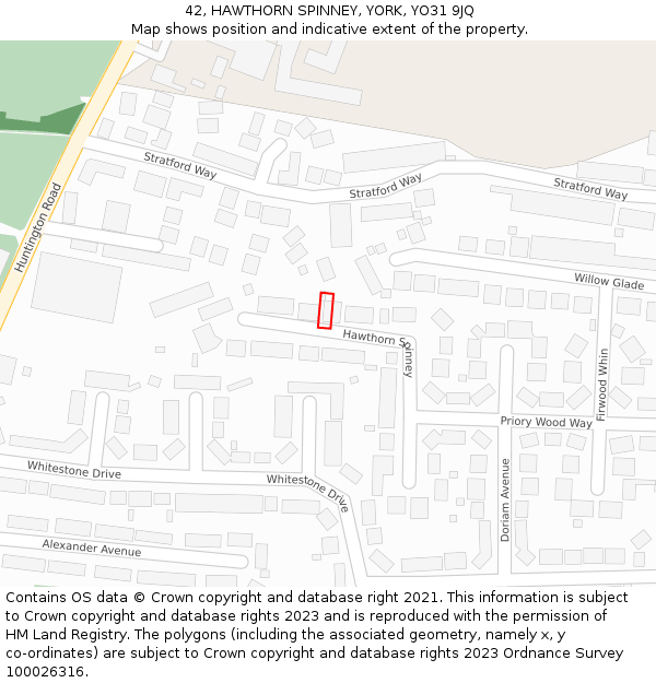 42, HAWTHORN SPINNEY, YORK, YO31 9JQ: Location map and indicative extent of plot