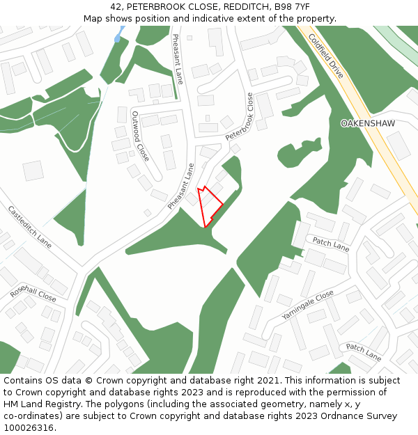 42, PETERBROOK CLOSE, REDDITCH, B98 7YF: Location map and indicative extent of plot