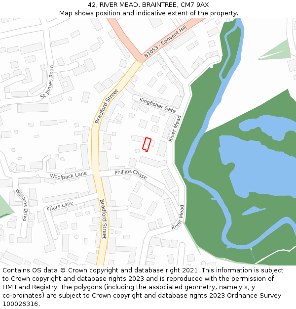 42, RIVER MEAD, BRAINTREE, CM7 9AX: Location map and indicative extent of plot
