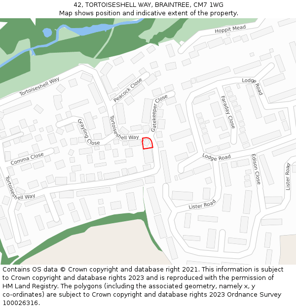 42, TORTOISESHELL WAY, BRAINTREE, CM7 1WG: Location map and indicative extent of plot
