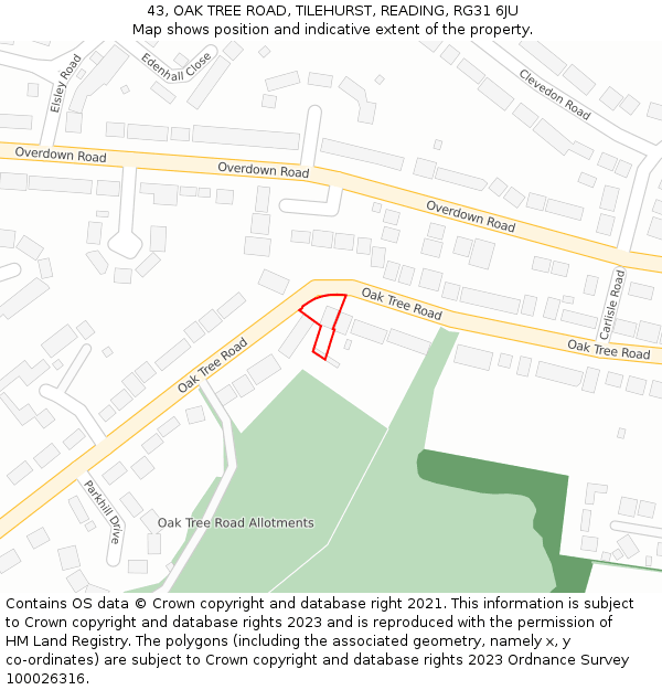 43, OAK TREE ROAD, TILEHURST, READING, RG31 6JU: Location map and indicative extent of plot