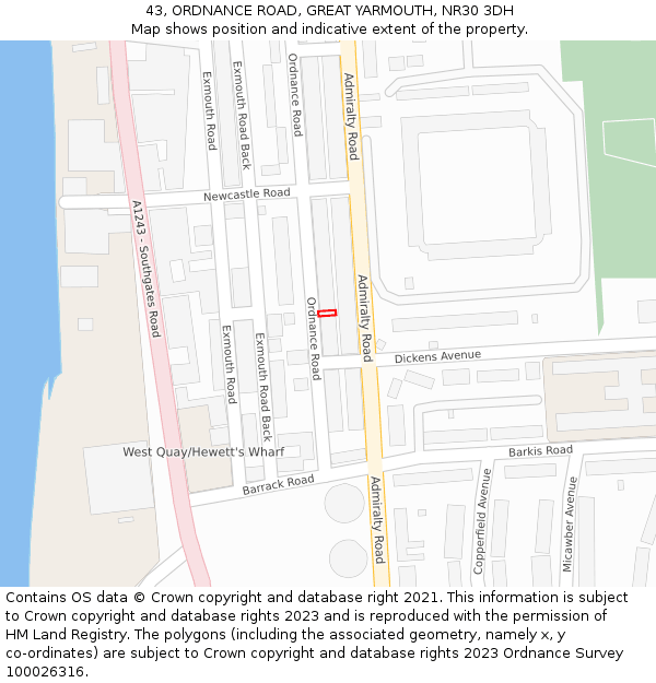 43, ORDNANCE ROAD, GREAT YARMOUTH, NR30 3DH: Location map and indicative extent of plot
