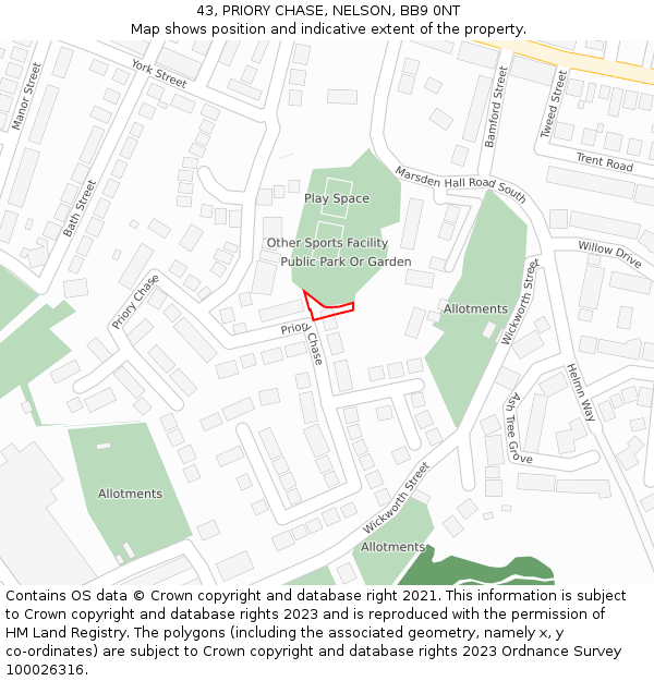 43, PRIORY CHASE, NELSON, BB9 0NT: Location map and indicative extent of plot