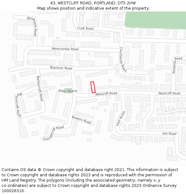 43, WESTCLIFF ROAD, PORTLAND, DT5 2HW: Location map and indicative extent of plot