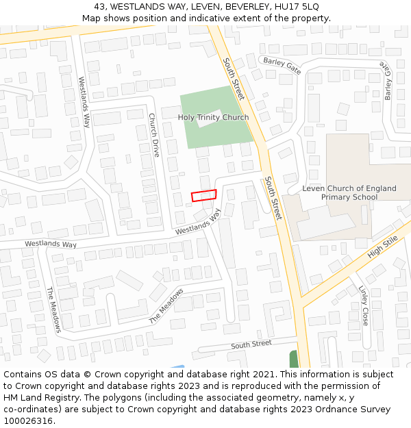 43, WESTLANDS WAY, LEVEN, BEVERLEY, HU17 5LQ: Location map and indicative extent of plot