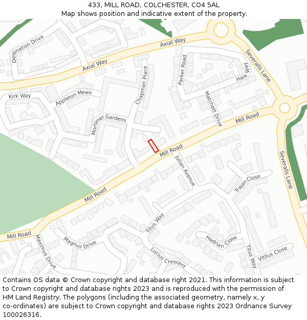 433, MILL ROAD, COLCHESTER, CO4 5AL: Location map and indicative extent of plot