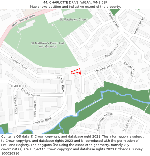 44, CHARLOTTE DRIVE, WIGAN, WN3 6BF: Location map and indicative extent of plot