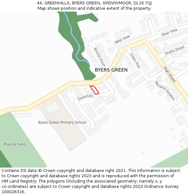 44, GREENHILLS, BYERS GREEN, SPENNYMOOR, DL16 7QJ: Location map and indicative extent of plot