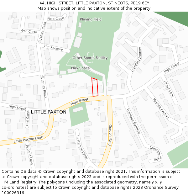 44, HIGH STREET, LITTLE PAXTON, ST NEOTS, PE19 6EY: Location map and indicative extent of plot