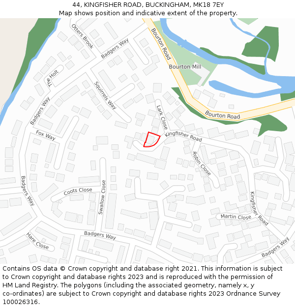 44, KINGFISHER ROAD, BUCKINGHAM, MK18 7EY: Location map and indicative extent of plot
