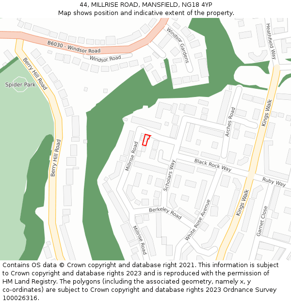 44, MILLRISE ROAD, MANSFIELD, NG18 4YP: Location map and indicative extent of plot