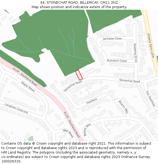 44, STONECHAT ROAD, BILLERICAY, CM11 2NZ: Location map and indicative extent of plot