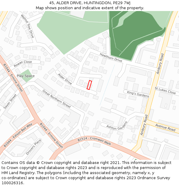 45, ALDER DRIVE, HUNTINGDON, PE29 7WJ: Location map and indicative extent of plot