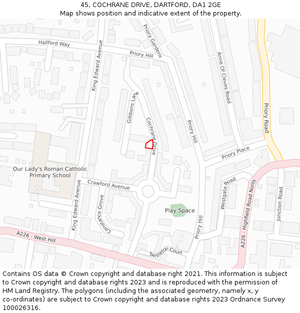 45, COCHRANE DRIVE, DARTFORD, DA1 2GE: Location map and indicative extent of plot