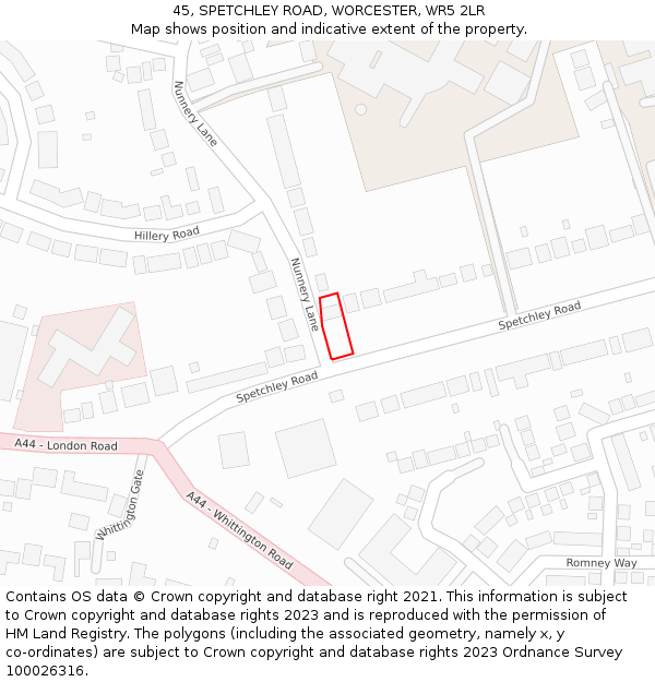 45, SPETCHLEY ROAD, WORCESTER, WR5 2LR: Location map and indicative extent of plot