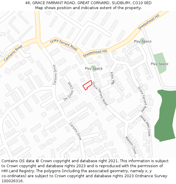 46, GRACE FARRANT ROAD, GREAT CORNARD, SUDBURY, CO10 0ED: Location map and indicative extent of plot