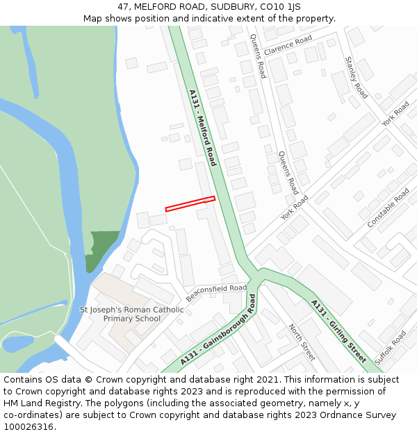 47, MELFORD ROAD, SUDBURY, CO10 1JS: Location map and indicative extent of plot
