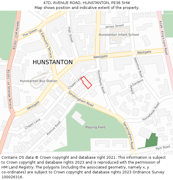 47D, AVENUE ROAD, HUNSTANTON, PE36 5HW: Location map and indicative extent of plot
