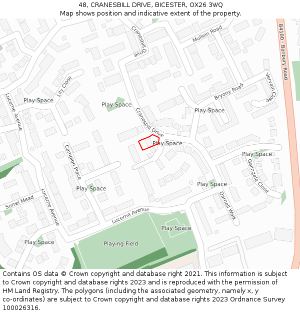 48, CRANESBILL DRIVE, BICESTER, OX26 3WQ: Location map and indicative extent of plot