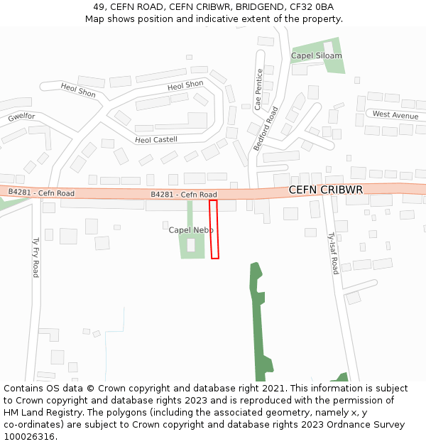 49, CEFN ROAD, CEFN CRIBWR, BRIDGEND, CF32 0BA: Location map and indicative extent of plot