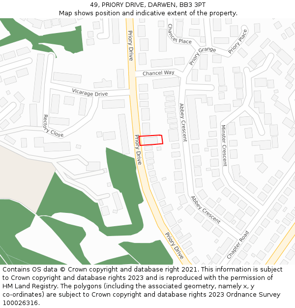 49, PRIORY DRIVE, DARWEN, BB3 3PT: Location map and indicative extent of plot