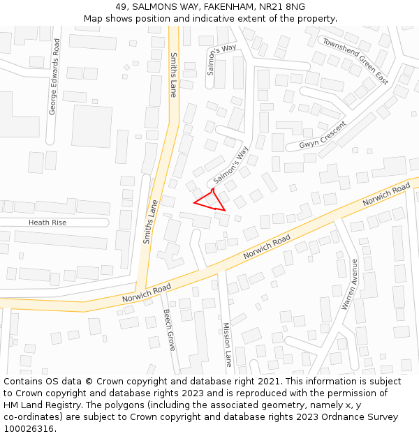 49, SALMONS WAY, FAKENHAM, NR21 8NG: Location map and indicative extent of plot