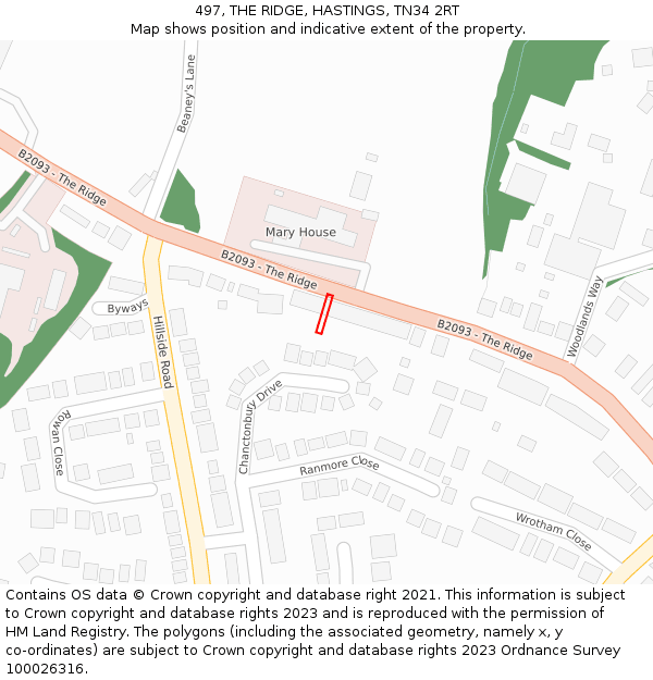 497, THE RIDGE, HASTINGS, TN34 2RT: Location map and indicative extent of plot