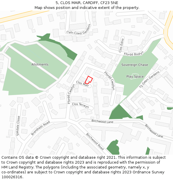 5, CLOS MAIR, CARDIFF, CF23 5NE: Location map and indicative extent of plot