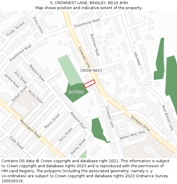5, CROWNEST LANE, BINGLEY, BD16 4HN: Location map and indicative extent of plot