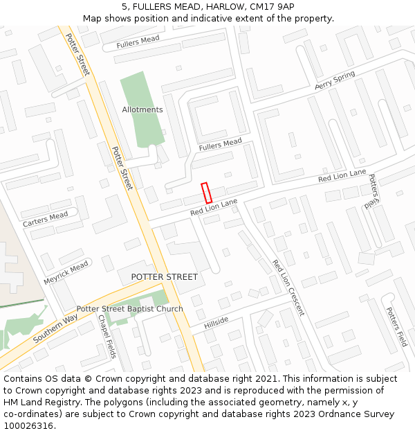 5, FULLERS MEAD, HARLOW, CM17 9AP: Location map and indicative extent of plot