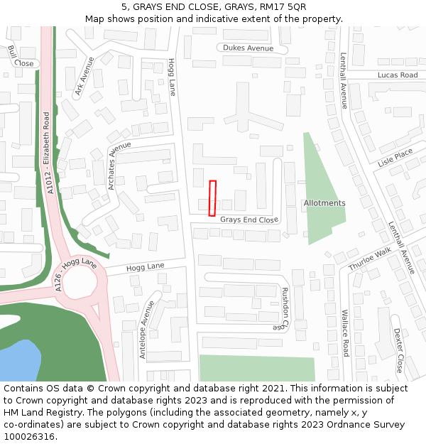 5, GRAYS END CLOSE, GRAYS, RM17 5QR: Location map and indicative extent of plot