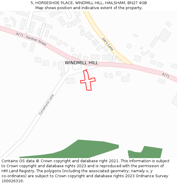 5, HORSESHOE PLACE, WINDMILL HILL, HAILSHAM, BN27 4GB: Location map and indicative extent of plot
