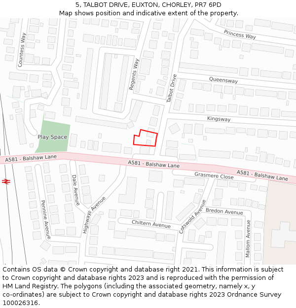 5, TALBOT DRIVE, EUXTON, CHORLEY, PR7 6PD: Location map and indicative extent of plot