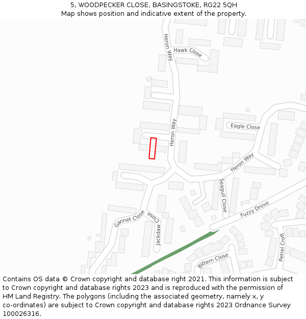 5, WOODPECKER CLOSE, BASINGSTOKE, RG22 5QH: Location map and indicative extent of plot